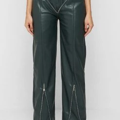 Woman Trousers Zip Detail Vegan Leather Trousers - Forest Green