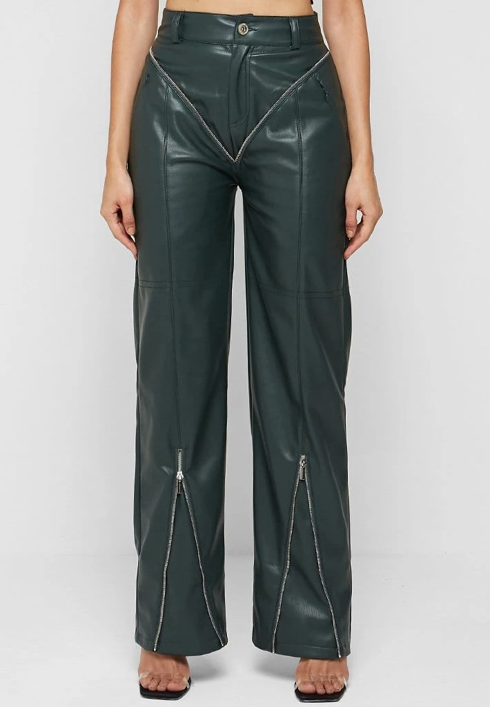 Woman Trousers Zip Detail Vegan Leather Trousers - Forest Green