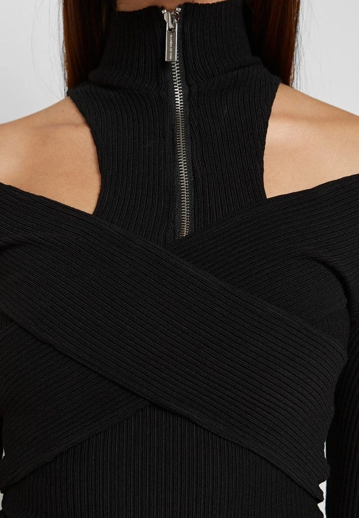 Woman Tops Zip Front Crossover Top - Black