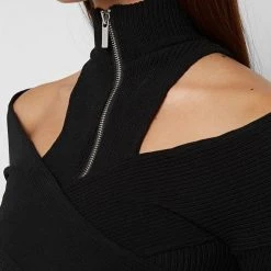 Woman Tops Zip Front Crossover Top - Black