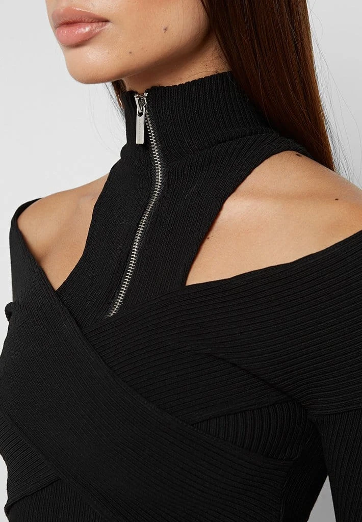 Woman Tops Zip Front Crossover Top - Black