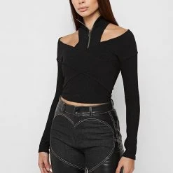 Woman Tops Zip Front Crossover Top - Black