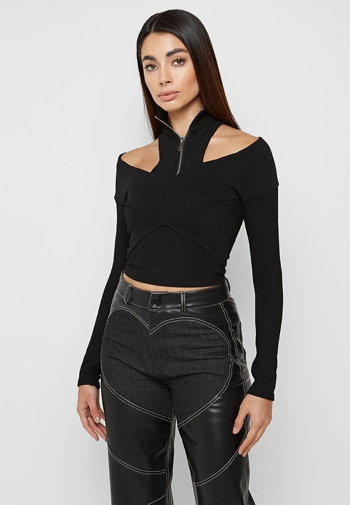 Woman Tops Zip Front Crossover Top - Black