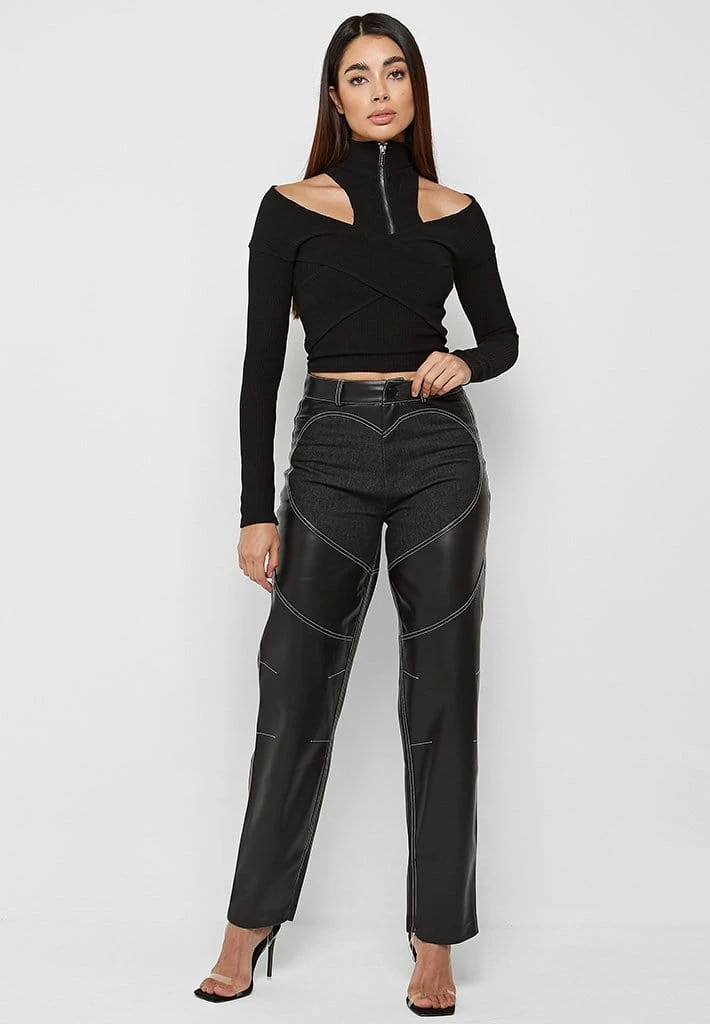 Woman Tops Zip Front Crossover Top - Black