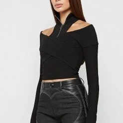 Woman Tops Zip Front Crossover Top - Black