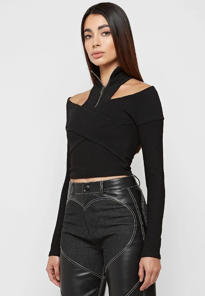 Woman Tops Zip Front Crossover Top - Black