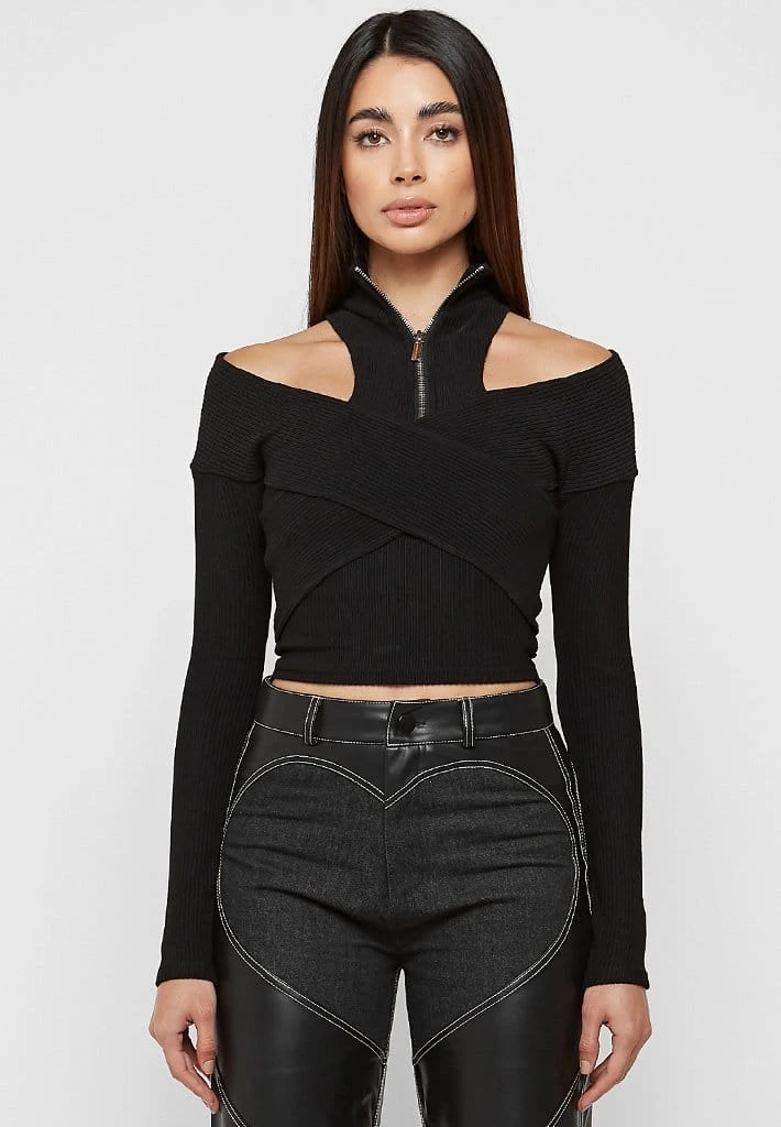 Woman Tops Zip Front Crossover Top - Black