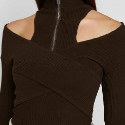 Woman Tops TOPS & T SHIRTS Zip Front Crossover Top - Chocolate Brown