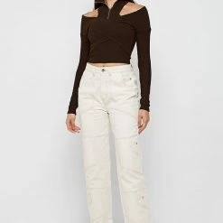 Woman Tops TOPS & T SHIRTS Zip Front Crossover Top - Chocolate Brown