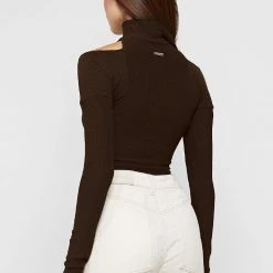 Woman Tops TOPS & T SHIRTS Zip Front Crossover Top - Chocolate Brown