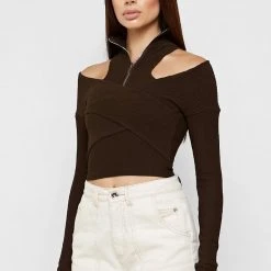 Woman Tops TOPS & T SHIRTS Zip Front Crossover Top - Chocolate Brown