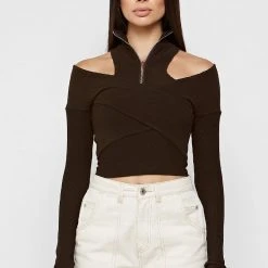 Woman Tops TOPS & T SHIRTS Zip Front Crossover Top - Chocolate Brown